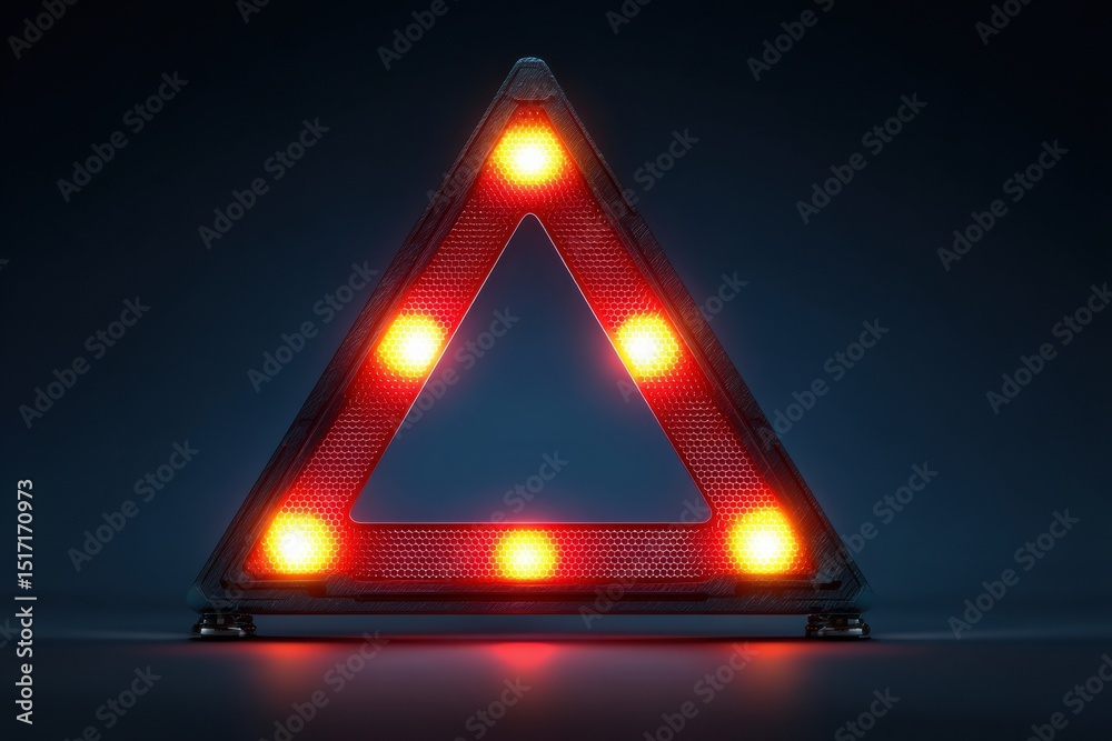 Poster Warning Triangle With Blinking Lights Displays in a Dark Environment for Roadside Safety Signals