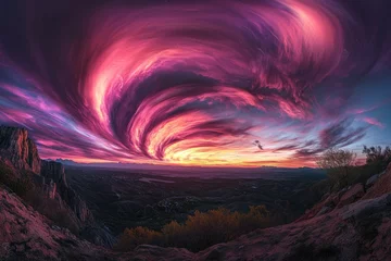 Fotobehang Epic sunset panorama, swirling clouds.  Dramatic, vibrant colors of pink, purple, and orange.  Vast landscape view from mountaintop, with rocky terrain and distant valley © Hadiah