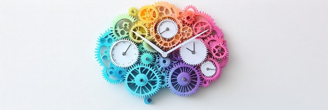 Colorful clock face with intricate gears.  A vibrant display of colorful gears and clocks, in various shades of pastel, forming a unique and eye-catching design