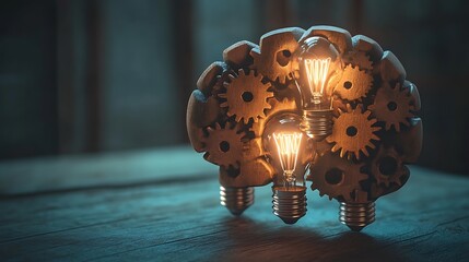 dynamic composition of gears, light bulbs, and digital code blending into human brain shape symbolizing creative leadership and technological innovation