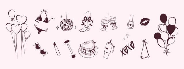 Birthday party set in hand drawn coquette style. Outline whimsical symbols for girls bachelorette. Trendy art for invitation and banner for holidays. Doodle vector illustration