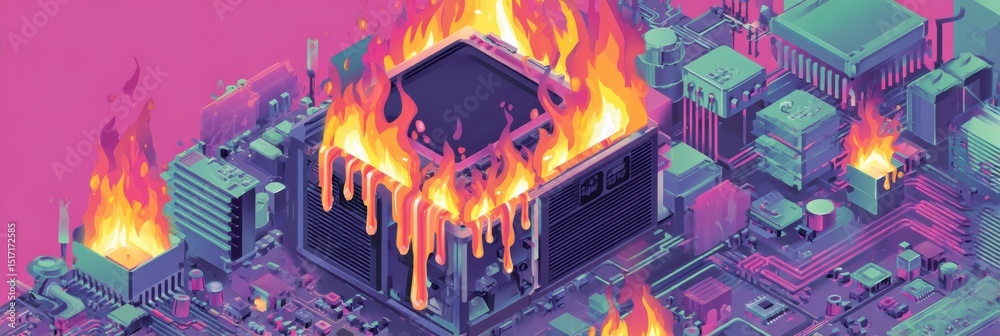 Aufkleber System Overload Illustration With CPU Melting and Flames Erupting From Circuitry