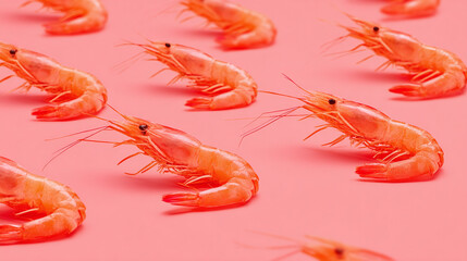 Pattern of raw shrimps arranged on pastel pink background, minimal seafood composition for culinary or visual design concept