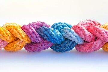 Closeup of colorful twisted rope made of multiple strands on white background