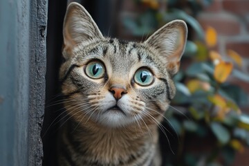 Adorable young cat looking curiously at the camera outdoors
