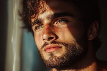Thoughtful young man with beard standing in warm sunlight