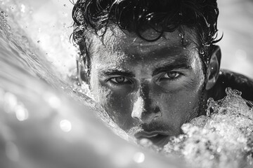 Black and white closeup of surfer man emerging from ocean with intense look