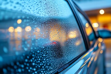 Raindrops on car window with city lights reflecting during evening drive