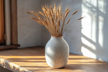 Minimalistic still life with a ceramic vase and dried wheat on a wooden table near window