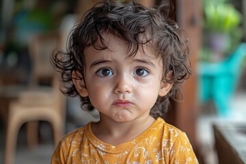 Portrait of a young curly-haired child in a yellow outfit looking curious