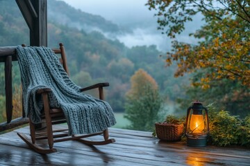 Peaceful mountain terrace with wooden rocking chair and lantern during fall