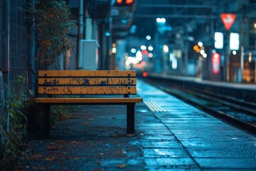Urban night scene of an empty platform at train station illuminated by neon lights