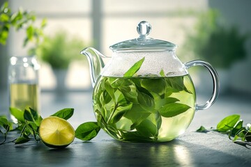 Glass teapot with fresh mint and lime on wooden surface by the window