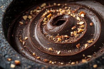 Close up of chocolate dessert with nuts on rustic dark background