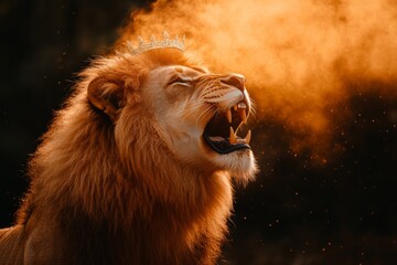 Angry lion roaring with open mouth and steam in dramatic backlight