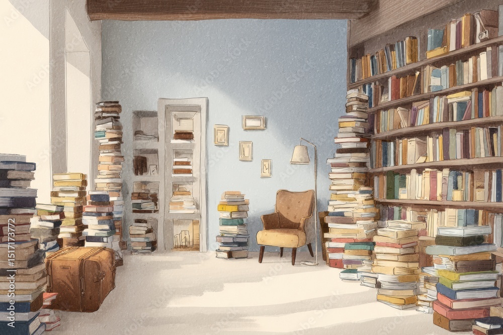 Fototapete Cozy Home Library With Stacked Books Inviting Reading and Relaxation in a Softly Lit Open Space With Faded Zones