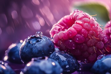 Closeup of fresh ripe blueberries and raspberries with soft natural lighting