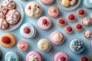 Top view of colorful sweet pastries and macarons on a blue background