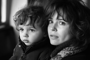 Black and white emotional portrait of mother holding child closely indoors