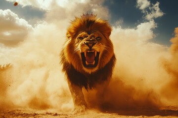 Roaring lion running through dusty savannah with intense expression