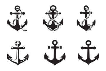 Set of Anchor with Twisted Rope Silhouette Illustrations on White Background