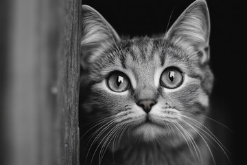 Black and white image of cat peeking around wall with intense eyes