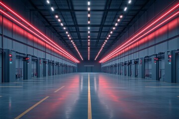 Symmetrical futuristic hallway with neon red and blue lights