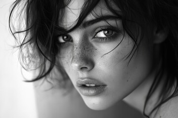 Black and white portrait of woman with intense expression and messy hair