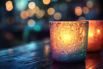Closeup of glowing candle in blue glass holder with warm ambient light
