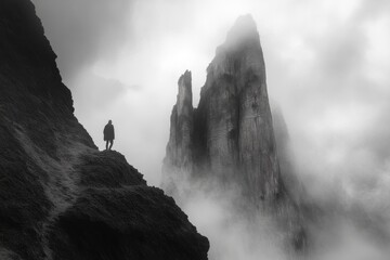 Silhouetted person standing between tall mountain cliffs in dense mist
