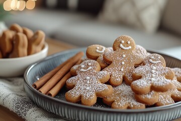 Plate of cinnamon cookies shaped like people on festive wooden table