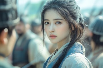 Young woman in traditional Asian clothing with serious gaze in natural setting