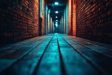 Dimly lit narrow hallway with brick walls and wet reflective floor