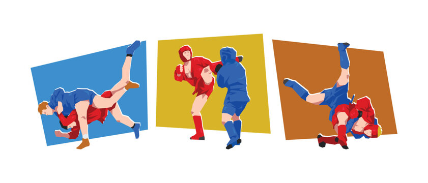 Set of male sambo fighter in action pose. Sport, martial arts. Cartoon flat vector illustration.