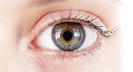 Fototapeta premium Detailed Close Up Of A Grey Iris Eye Isolated On A Transparent Background Perfect For Visualizing Ophthalmic Health, Clarity and Depth With Fair Skin Tone and Natural Eyelashes