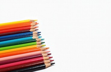 Fototapeta premium Multicolored pencils arranged in row isolated white background. Set of pencils with red orange yellow blue green colors, used for drawing sketching painting. Art school supplies.