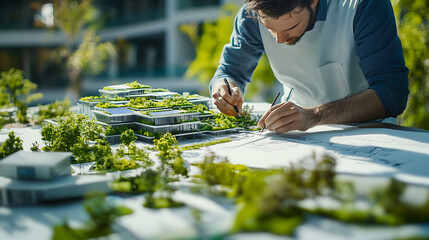 Fototapeta premium Architect working on a sustainable building model with greenery and detailed blueprints