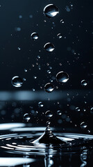 Water drops on dark background with a clean and transparent splash effect.