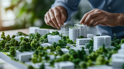 Fototapeta premium Architect adjusting a model cityscape with greenery and buildings