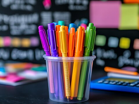 set of colorful marker pens standing upright in a transparent cup on school desk with textbooks calculator and sticky notes organized neatly classroom setting - Powered by Adobe