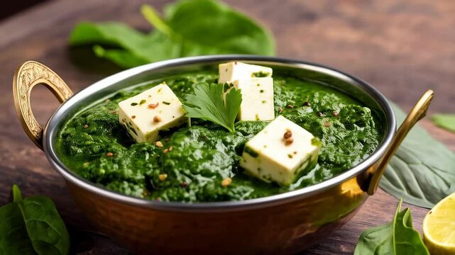 Palak paneer served in a copper bowl on a wooden table, creamy spinach and cubed fresh cheese, garnished with fresh parsley and spices.