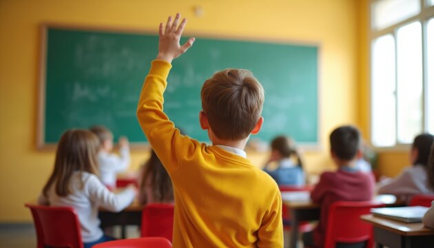 Young boy raises hand classroom. Elementary school student wants answer question. Back view of child wearing yellow sweater. Concept education, learning. Other kids, blackboard and desks are blurred.