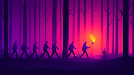 Naklejka premium vibrant illustration of a torch bearer leading team through dark forest symbolizing leadership guiding innovation and breakthrough solutions