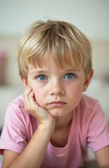 Close-up portrait of young boy with thoughtful gaze. Blond hair blue eyes, child rests chin on hand looking directly at viewer. Child with sad or serious face. Childhood, emotions, feelings.