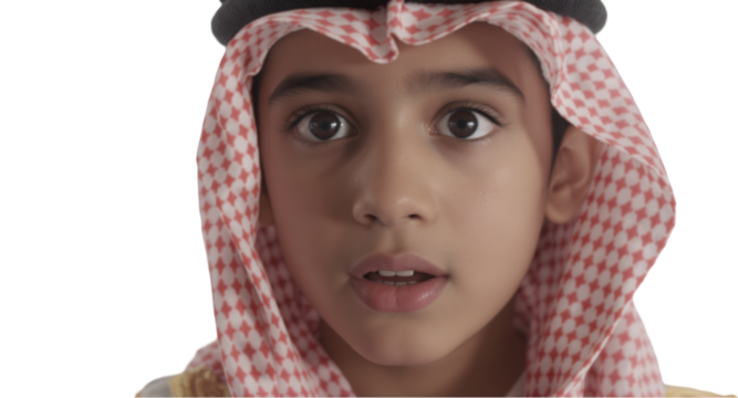 Astonished Arab Child Portrait Isolated By Transparent Background In Traditional Attire Displaying Surprise and Amazement