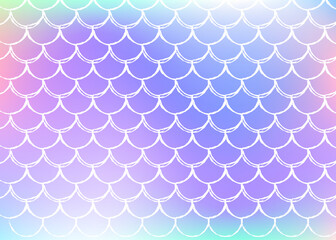 Holographic scale background with gradient mermaid. Bright color transitions. Fish tail banner and invitation. Underwater and sea pattern for girlie party. Rainbow backdrop with holographic scale.