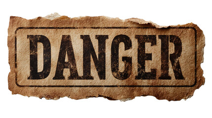 A torn and weathered paper sign with the word danger printed in bold black letters on a brown background