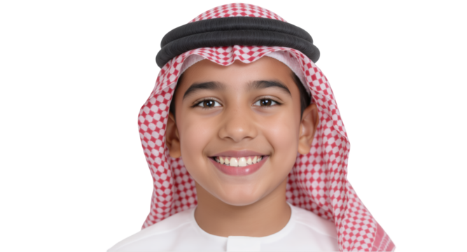 Smiling Young Boy In Traditional Arab Dress With Red And White Kufiya Headdress And Transparent Background Perfect For Cultural Projects And Designs