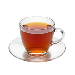 Glass cup of tea on saucer isolated on white background