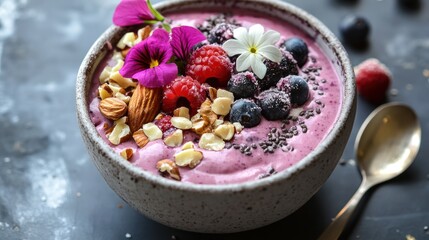 Vibrant Smoothie Bowl with Fresh Berries, Nuts, and Edible Flowers, Close-Up
